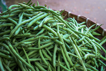 Close-up of freshly harvested green beans stacked in a basket, showcasing their vibrant color and healthy texture. Perfect for categories of food and agriculture, emphasizing fresh produce