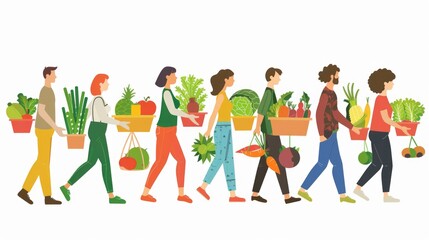 Obraz premium Group of people walking with plants, possibly on their way to or from a community garden