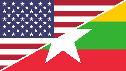 Myanmar and United States flags combined in a split design vector, symbolizing international relations, global unity, and cultural exchange