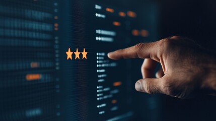 A hand points at a three-star rating on a computer screen, highlighting customer feedback and online reviews.