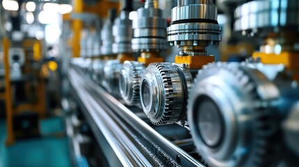 Fototapeta premium Close-up of industrial machinery in a factory, showcasing precision engineering and advanced technology.