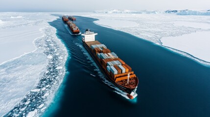 A large cargo ship navigates a narrow channel of open water through a field of ice. The ship is carrying containers.