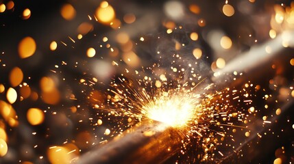 Naklejka premium Close-up of industrial welding in a factory, with sparks flying as metal is fused together.