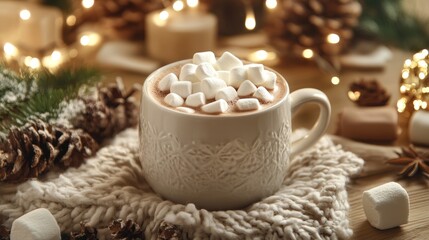 Hot cocoa with marshmallows in cozy interior