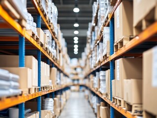 Obraz premium A long aisle in a warehouse, lined with high shelves stocked with cardboard boxes. The perspective creates a sense of depth and vastness.