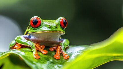 Fototapeta premium Red-Eyed Tree Frog Perched on a Green Leaf