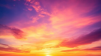 Obraz premium A vibrant sunset with a blend of purple, orange, and pink hues across the sky.