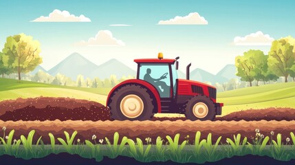 Obraz premium Red Tractor Working the Field on a Sunny Day