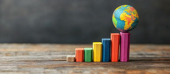 A colorful stack of wooden blocks with a globe on top