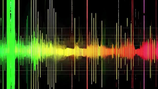 A vibrant audio waveform displays a spectrum of colors, showing varying sound frequencies and intensity levels in a dynamic visual representation.