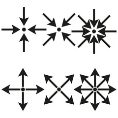 Arrow icons in radial patterns. Black directional arrows. Geometric and abstract design. Vector illustration.