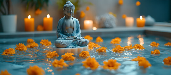 A statue of Buddha is sitting on a small platform in a pool of water