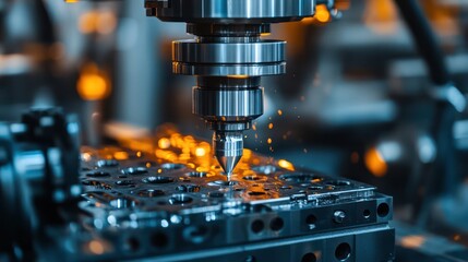 Detailed shot of a precision machining process in an aerospace manufacturing facility.