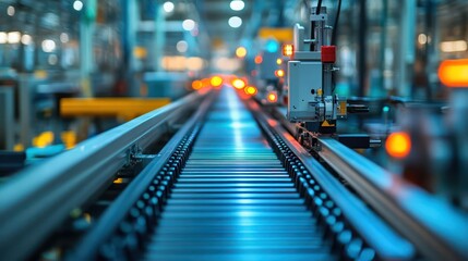 Detailed view of a conveyor system on an assembly line, moving parts through various manufacturing stages.