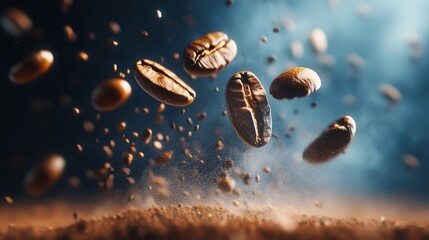 Coffee beans levitating in the air. Coffee background