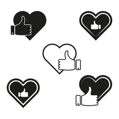 Thumbs up heart vector set. Like icons in heart shapes. Black and white social media symbols.