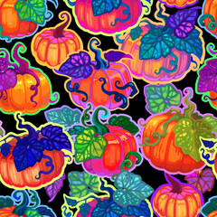 Bright painted pumpkins on a black background. Vector seamless pattern