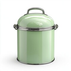 A stylish green kitchen canister with a polished chrome handle, perfect for storing dry goods or as a decorative piece. isolated on white background