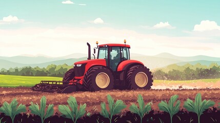 Obraz premium Red Tractor Working a Field