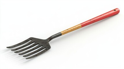A sturdy garden fork with a red handle, ideal for digging, aerating, and turning soil in gardening and landscaping tasks. isolated on white background