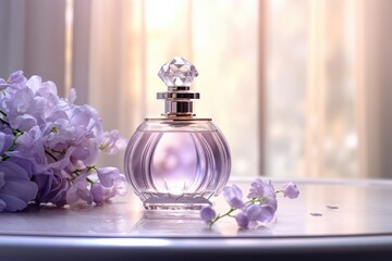 Transparent glass perfume bottle or toilet water with blossom flowers and petals. Empty container for branding and label mockup. Eau de toilette. Perfumery and natural beauty product concept 