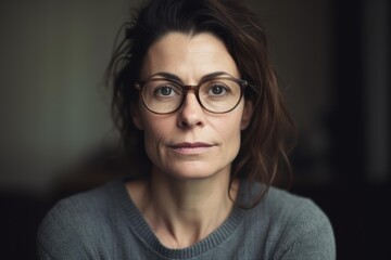 Fototapeta premium An adult with curly hair and glasses is focusing intently, perhaps feeling calm and pensive, Suitable for depicting contemplation, intelligence, and everyday life scenarios in editorial, educational