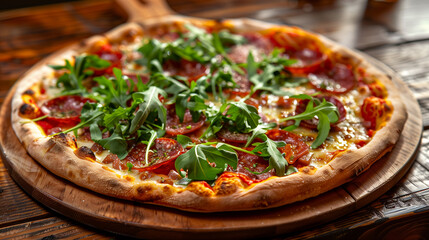 Freshly Baked Italian Pizza with Toppings of Salami, Sausage, and Arugula on a Wooden Board