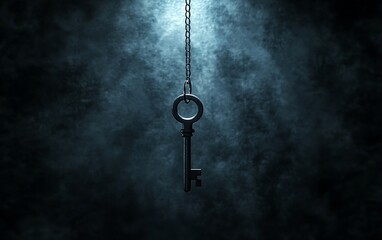 Old Key Hanging in Dark Room Symbolizing Hidden Potential with Highlighting Beam