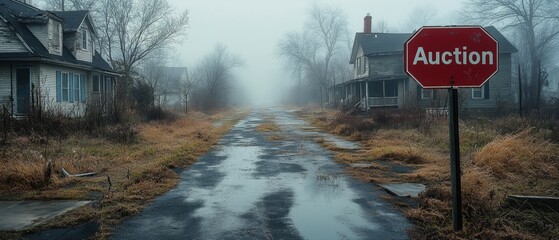 Rows of foreclosed homes with "Auction" signs in a foggy, deserted neighborhood, [housing market collapse], [economic downturn]