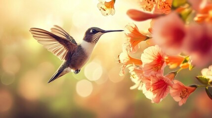 Fototapeta premium Hummingbird in Flight Near Peach-Colored Flowers