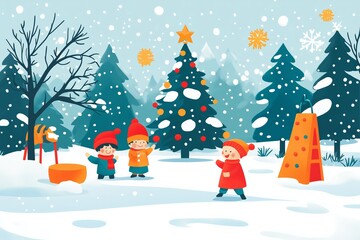 A charming illustration of a winter scene featuring three children playing in the snow, surrounded by decorated Christmas trees. 