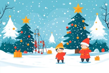 A charming illustration of a winter scene featuring three children playing in the snow, surrounded by decorated Christmas trees. 