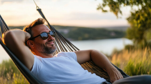 A man wearing sunglasses relaxes in a hammock by a serene lake, enjoying a peaceful moment outdoors at sunset. - Powered by Adobe