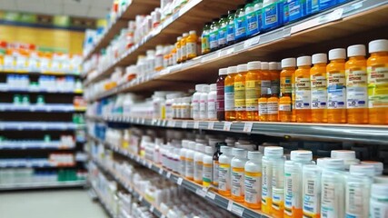 Numerous bottles of medication are neatly arranged on shelves in a pharmacy, showcasing different colors and labels in a well-organized display.