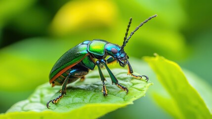Naklejka premium Vibrant Green Beetle on a Leaf