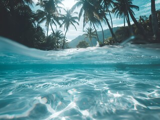 A serene underwater view with palm trees and sunlight filtering through the water.
