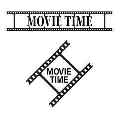 Movie time banner. Filmstrip graphic symbol. Bold text typography. Vector cinema concept.