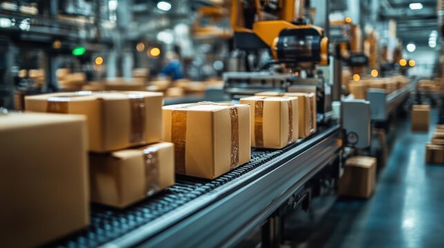 Packaging line in a food processing plant, with products being sealed and boxed for shipment.