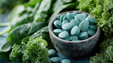 A bowl of green pills sits on a table next to some green vegetables. The vegetables are fresh and healthy, and the scene gives off a feeling of wellness and natural goodness
