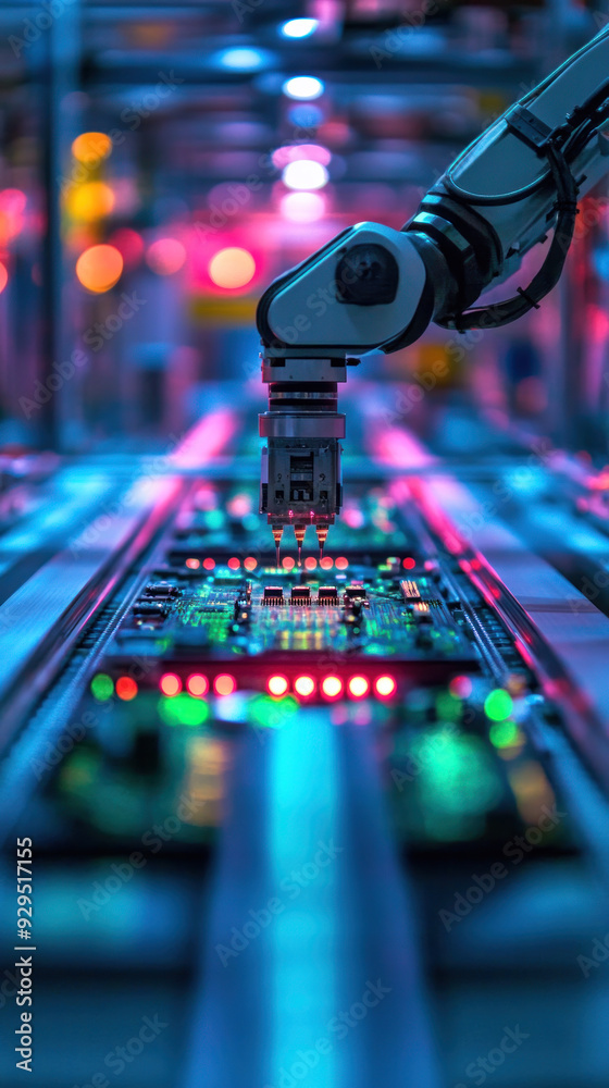 Poster a robot is working on a circuit board. the robot is surrounded by many other circuit boards. the rob
