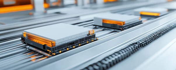 Three robots are on a conveyor belt. The robots are orange and white