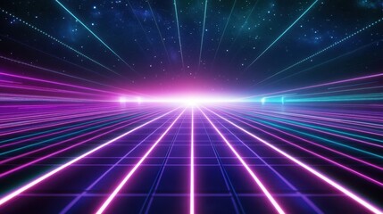 Obraz premium A vibrant, futuristic landscape with neon lines and a starry background.