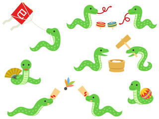 正月の遊びと餅つきをするヘビのイラストセット