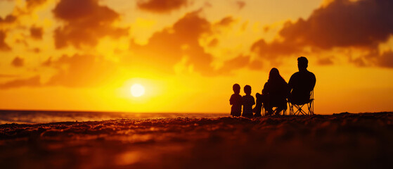 Fototapeta premium A family of four is sitting on the beach at sunset
