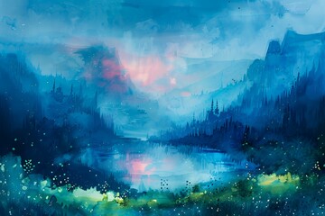 Fototapeta premium A serene watercolor landscape featuring a tranquil lake surrounded by mountains and trees.