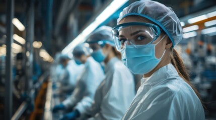 Workers in protective gear monitoring an assembly line in an automotive factory, ensuring quality control.