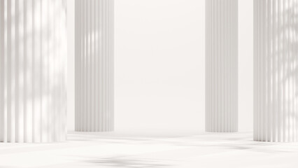 Minimalist White Space with Columns, Leaf Shadows, and Soft Lighting for Product Mockups