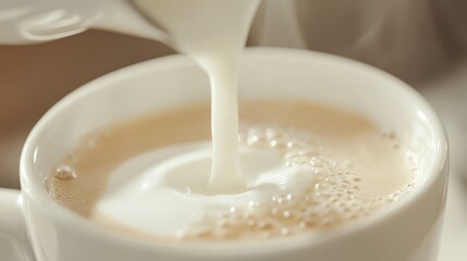 Milk foam pouring into cappuccino cup. Coffee background