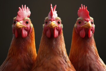Naklejka premium A detailed close-up of three chickens standing side by side, showcasing their vibrant feathers, expressive eyes, and distinct combs against a dark background.