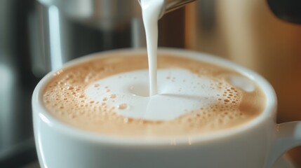 Milk foam pouring into cappuccino cup. Coffee background